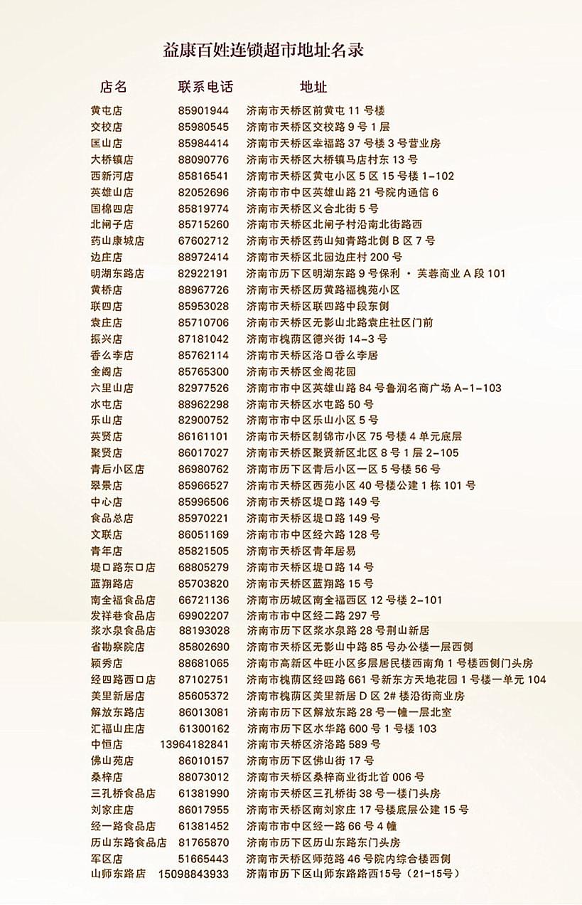 益康超市各門店通訊地址名錄